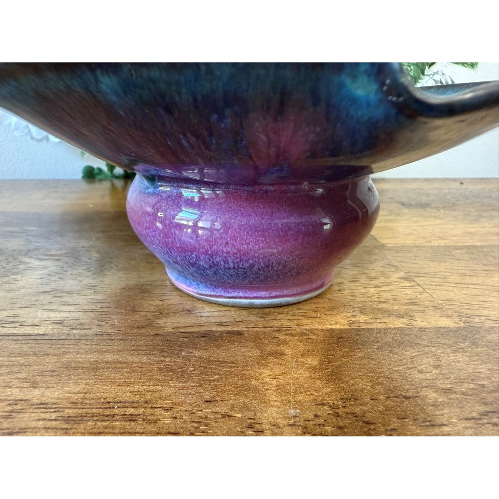 Studio Art Pottery Ikebana Flower Frog Bowl – Purple Blue Drip Glaze Signed JB - Picture 5 of 7